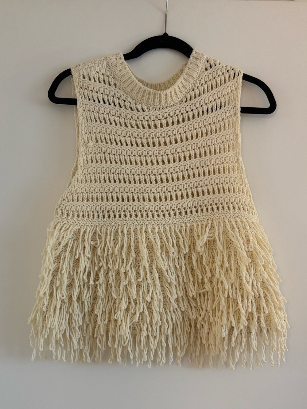 Zara Cream Open-Knit Fringe Sweater Tank